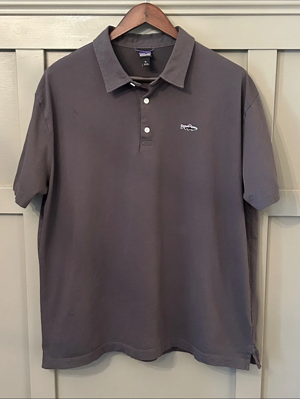 Patagonia Trout Fitz Roy Polo Shirt Gray Short Sleeve Mens Size XL